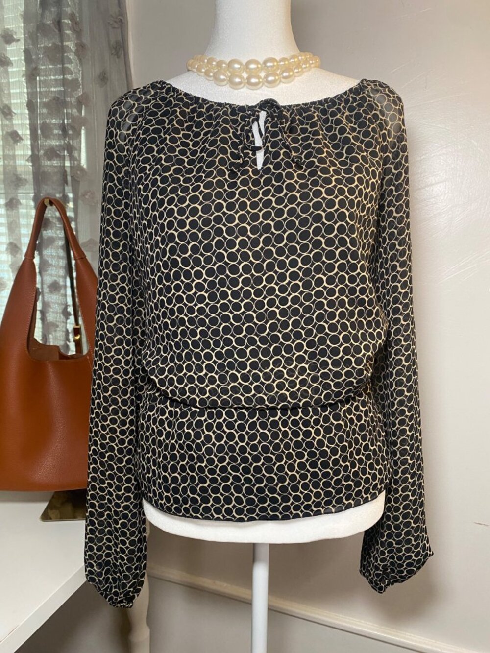 Style & Co Black Beige Geometric Blouse 1X Sheer Balloon Sleeve Top - Picture 8 of 8